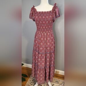 Max Studio Smocked On or Off Shoulder Red Print Tiered Boho Maxi Dress Size S